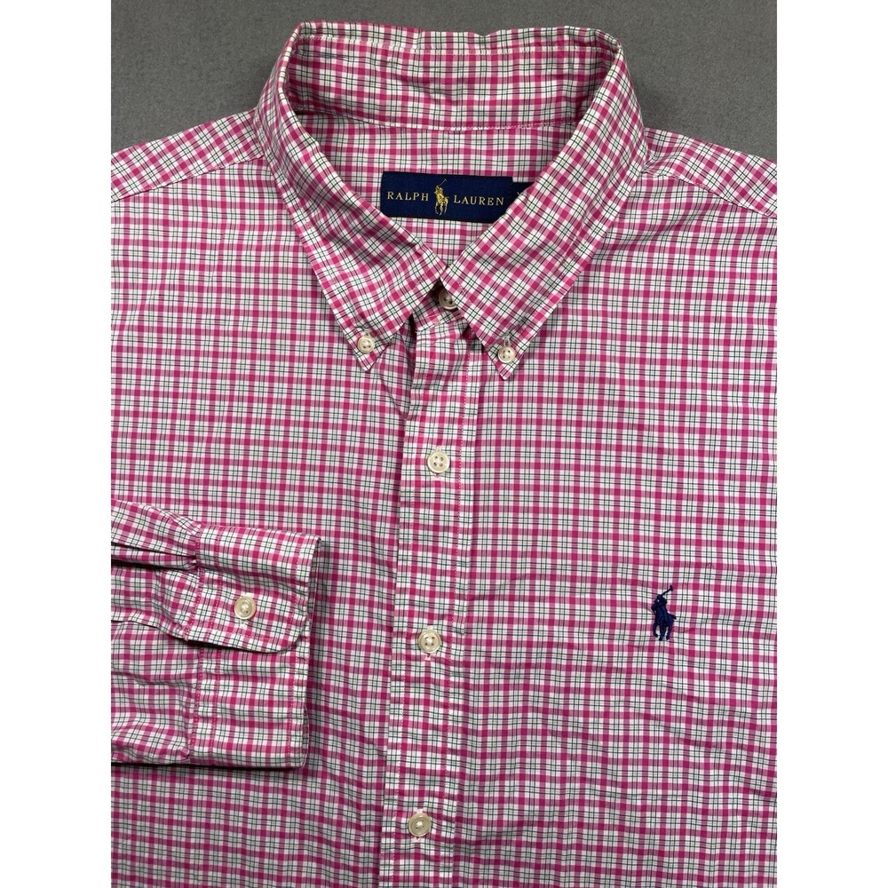 Men's Polo Ralph Lauren Pink Blue Plaid Long Sleeve Dress Shirt Size Large XL